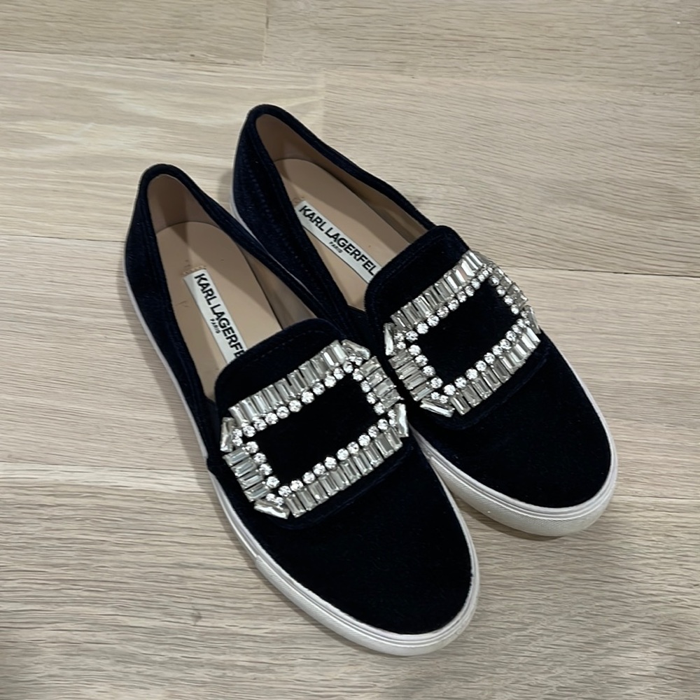 Loafers, navy velvet. Worn once. Amazing sparkle, and comfort. Size 7